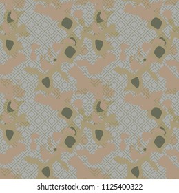 Military camouflage seamless pattern in green, beige and grey colors. Rhombic grid camo repeat background. Usable as camoflauge textile print, backdrop, wallpaper etc.
