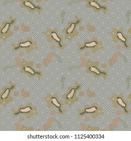 Military camouflage seamless pattern in green, beige and grey colors. Rhombic grid camo repeat background. Usable as camoflauge textile print, backdrop, wallpaper etc.