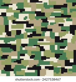 Military camouflage seamless pattern. Green and brown color pixel art camouflage background. Vector illustration.