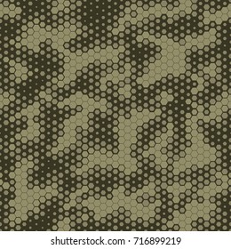 Military Camouflage Seamless pattern, Hexagonal grid background. Fashionable abstract geometric Snake skin style Green camo. Vector