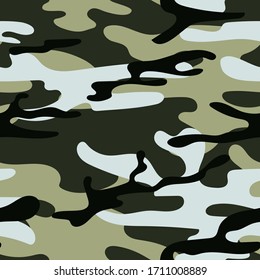 Military camouflage seamless pattern. Khaki texture. Trendy background. Abstract color vector illustration. For design wallpaper, wrapping paper, fabric.