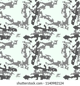 Military camouflage seamless pattern in light green and different shades of grey color. Seamless repeat UFO camouflage pattern, usable as winter camoflauge urban print, bright backdrop, background etc
