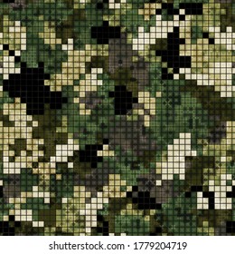 Military camouflage seamless pattern. Mountains rock digital pixel style. Abstract army and hunting masking ornament texture. Vector illustration background