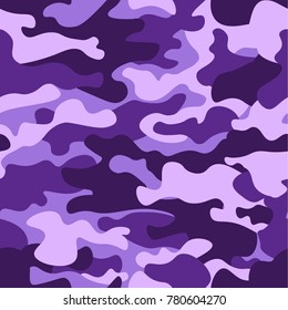 Military camouflage seamless pattern, purple monochrome. Classic clothing style masking camo repeat print. ruby colors texture. Design element. Vector illustration