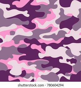 Military camouflage seamless pattern, purple monochrome. Classic clothing style masking camo repeat print. ruby colors texture. Design element. Vector illustration
