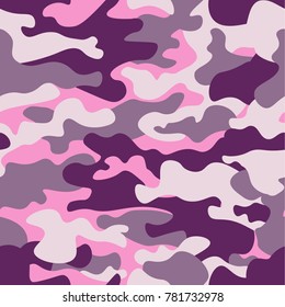 Military camouflage seamless pattern, purple monochrome. Classic clothing style masking camo repeat print. ruby colors texture. Design element. Vector illustration.