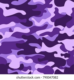 Military camouflage seamless pattern, purple monochrome. Classic clothing style masking camo repeat print. ruby colors texture. Design element. Vector illustration.