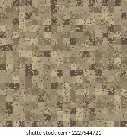 Military camouflage seamless pattern. Urban and desert digital pixel style. Abstract army and hunting masking ornament texture. Vector beige sand colored illustration background