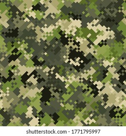 Military camouflage seamless pattern. Woodland digital pixel style. Abstract army and hunting masking ornament texture. Vector illustration background