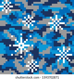 Military camouflage. Seamless pixel pattern with snowflakes.Woodland digital style.Vector illustration. Old games. 8 bit.