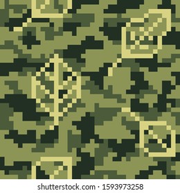 Military camouflage. Seamless pixel pattern with leaves.Woodland digital style.Vector illustration. Old games. 8 bit.