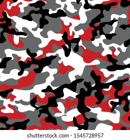 Military camouflage texture modern red spots on gray background. Fashion. Women's fabric and clothing design