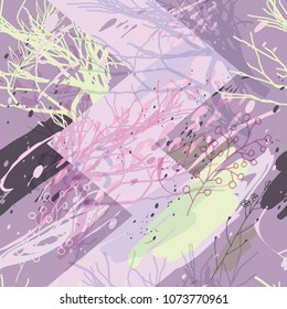 Military camouflage texture with trees, branches, grass and watercolor stains. Vector illustration. Camouflage military background in modern style.
