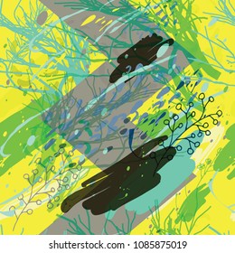 Military camouflage texture with trees, branches, grass and watercolor stains. Vector illustration. Camouflage military background in modern style.
