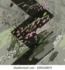 Military camouflage texture with trees, branches, grass and watercolor stains. Vector illustration. Camouflage military background in modern style.