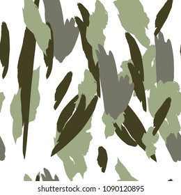 Military camouflage texture with trees, branches, grass and watercolor stains. Vector illustration. Camouflage military background in modern style.