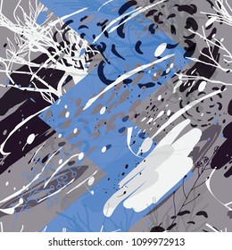 Military camouflage texture with trees, branches, grass and watercolor stains. Vector illustration. Camouflage military background in modern style.