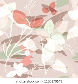 Military camouflage texture with trees, branches, grass and watercolor stains. Vector illustration. Camouflage military background in modern style.