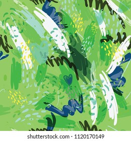 Military camouflage texture with trees, branches, grass and watercolor stains. Vector illustration. Camouflage military background in modern style.