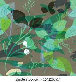 Military camouflage texture with trees, branches, grass and watercolor stains. Vector illustration. Camouflage military background in modern style.