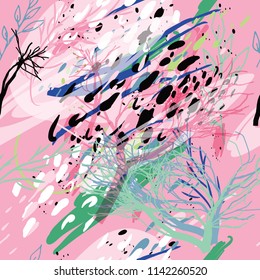 Military camouflage texture with trees, branches, grass and watercolor stains. Vector illustration. Camouflage military background in modern style.