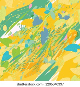 Military camouflage texture with trees, branches, grass and watercolor stains. Vector illustration. Camouflage military background in modern style.