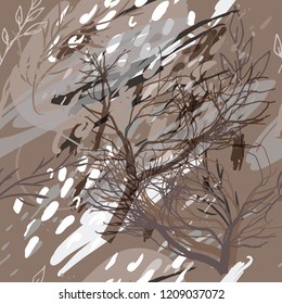 Military camouflage texture with trees, branches, grass and watercolor stains. Vector illustration. Camouflage military background in modern style.