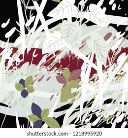 Military camouflage texture with trees, branches, grass and watercolor stains. Vector illustration. Camouflage military background in modern style.