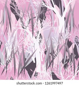 Military camouflage texture with trees, branches, grass and watercolor stains. Vector illustration. Camouflage military background in modern style.