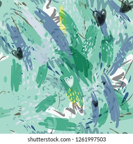 Military camouflage texture with trees, branches, grass and watercolor stains. Vector illustration. Camouflage military background in modern style.