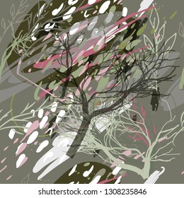 Military camouflage texture with trees, branches, grass and watercolor stains. Vector illustration. Camouflage military background in modern style.