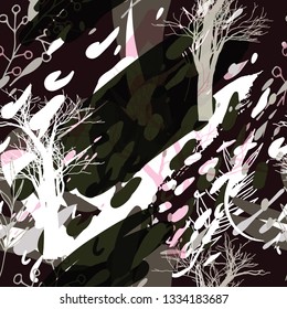 Military camouflage texture with trees, branches, grass and watercolor stains. Vector illustration. Camouflage military background in modern style.