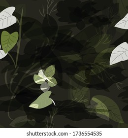 Military camouflage texture with trees, branches, grass and watercolor stains. Vector illustration. Camouflage military background in modern style.