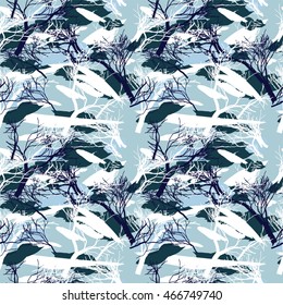 Military camouflage texture with trees, grass and spots watercolor. Background for textile garments, T-shirts, print, background, wallpaper, decoration, vector illustration