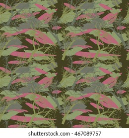 Military camouflage texture with trees, grass and spots watercolor. Background illustration