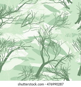 Military camouflage texture with trees, grass and spots watercolor. Background vector illustration