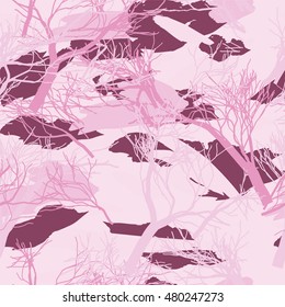 Military camouflage texture with trees, grass and spots watercolor. Background vector illustration