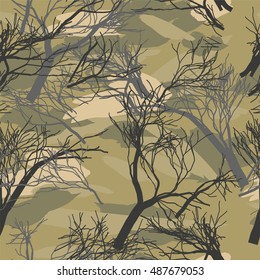 Military camouflage texture with trees, grass and spots watercolor. Background for textile garments, T-shirts, print, background, wallpaper, decoration, vector illustration
