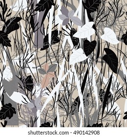 Military camouflage texture with trees, grass and spots watercolor. Background vector illustration