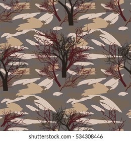 Military camouflage texture with trees, grass and spots watercolor. Background vector illustration