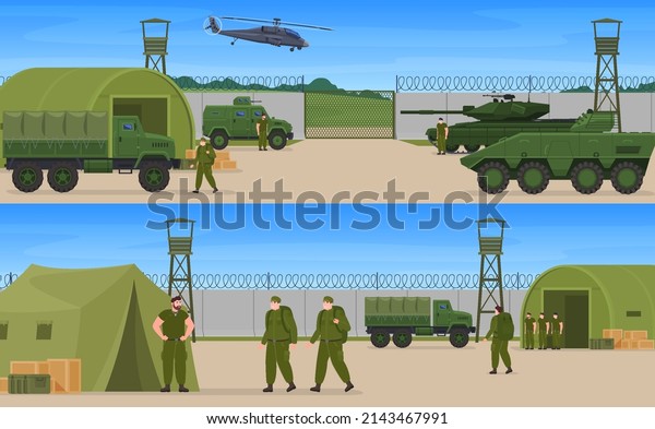Military camp. Military\
armored vehicles and aviation equipment soldiers. Equipment for\
attack and defense of the country. Vector illustration on white\
background.