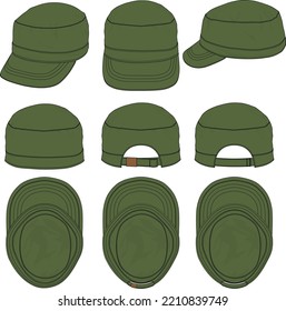MILITARY CAP LAYERED FASHION FLAT SKETCH TEMPLATE SET MOCKUP	
