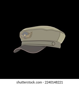 Military cap vector illustration isolated on black background. Military cap vector for coloring book.

