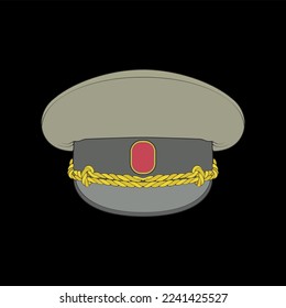 Militärmütze, Vektorgrafik einzeln auf schwarzem Hintergrund. Militärmütze, Vektorgrafik zum Färben von Büchern.
