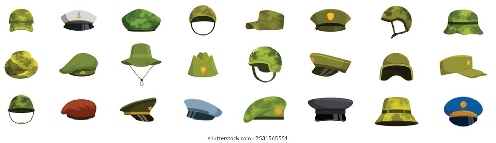 Conjunto de iconos de gorras militares. Colección de sombreros militares y policiales que representan diferentes estilos y nacionalidades, mostrando la variedad de sombreros usados por los miembros de las fuerzas armadas