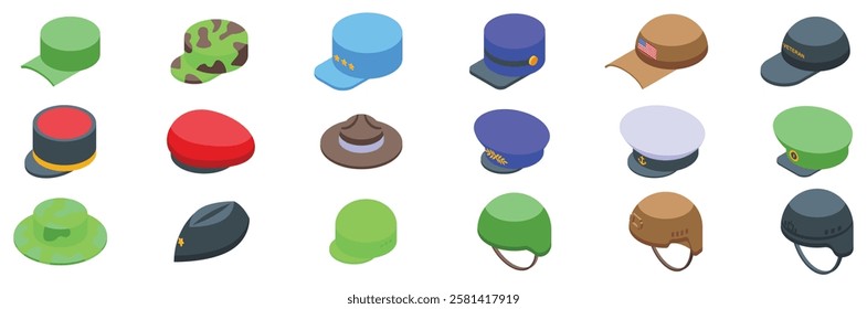  Military caps icons set. Collection of isometric military and police uniform hats showcasing various ranks, specializations, and headwear used by armed forces and law enforcement personnel