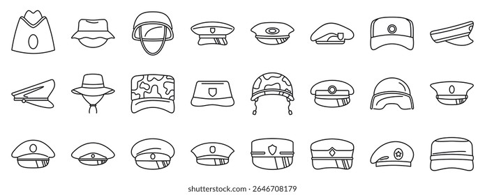 Military caps icons set. Set of outline icons representing various military and police uniform hats, signifying different ranks, roles, and branches of service
