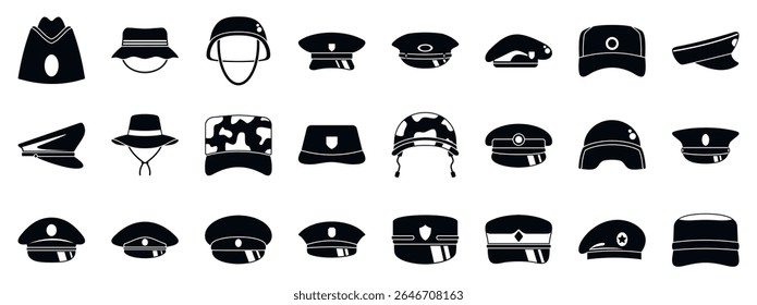 Military caps icons set. Various hat styles in silhouette showcasing military and casual designs