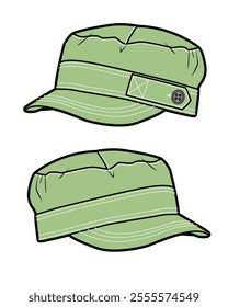 Military caps for men and women flat drawing vector mockup template.