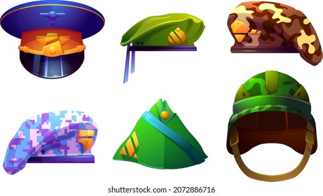 Military caps for soldier and officers. Headdresses of camouflage and army uniform. Vector cartoon set of military hats, helmet and berets with golden insignia isolated on white background